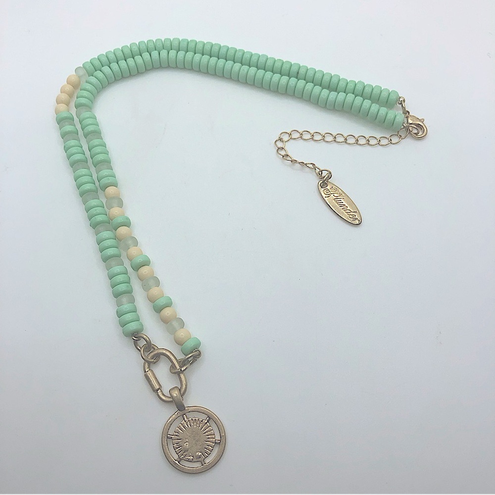 Plunder  ‘Zonna’ Mint / Cream Acrylic Bead Necklace 18” + 3” Ext / 1.4” Pendant